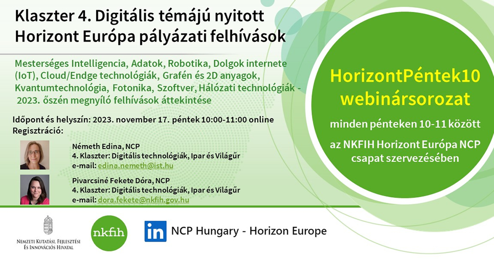 HorizontPéntek10 - Klaszter 4. Digitális témájú nyitott Horizont Európa pályázati felhívások 2024